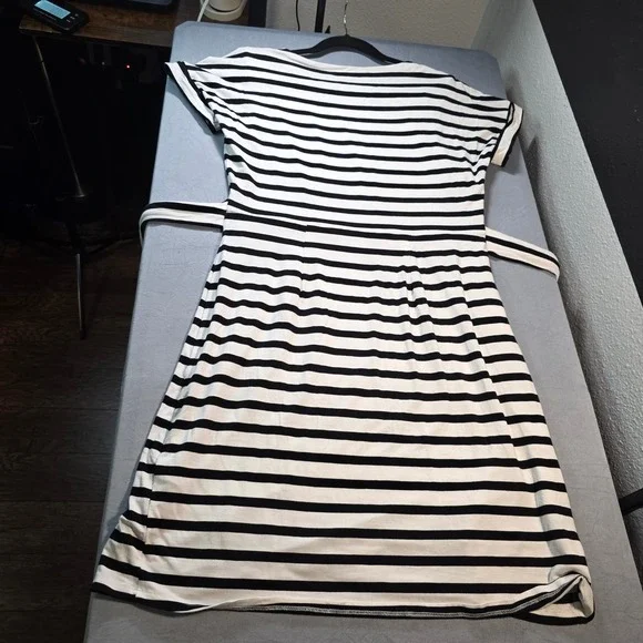 Chaps Womens Black White Striped Tie Waist Short Sleeve Knee Length Dress Medium - Picture 10 of 11